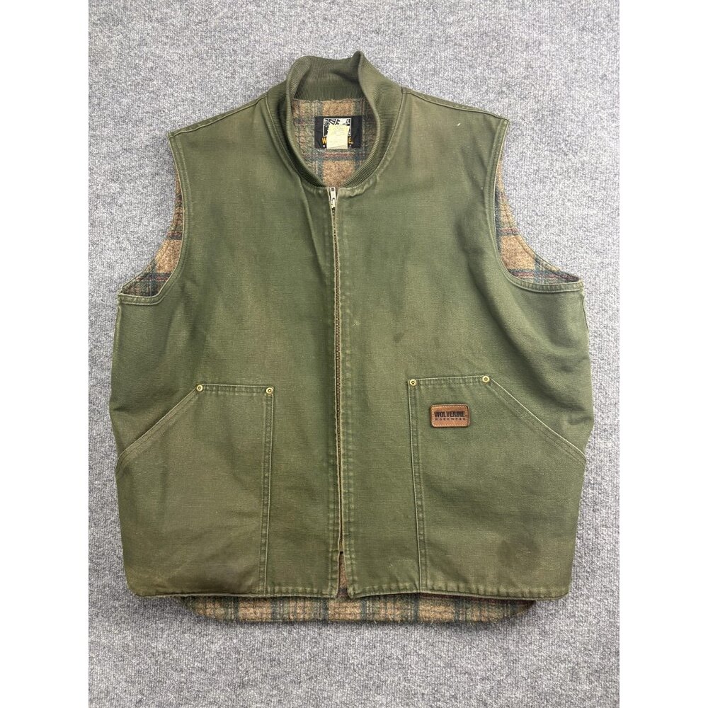 Wolverine Vest Mens 2XL‎ Green Canvas Plaid Lined Full Zip Insulated Workwear